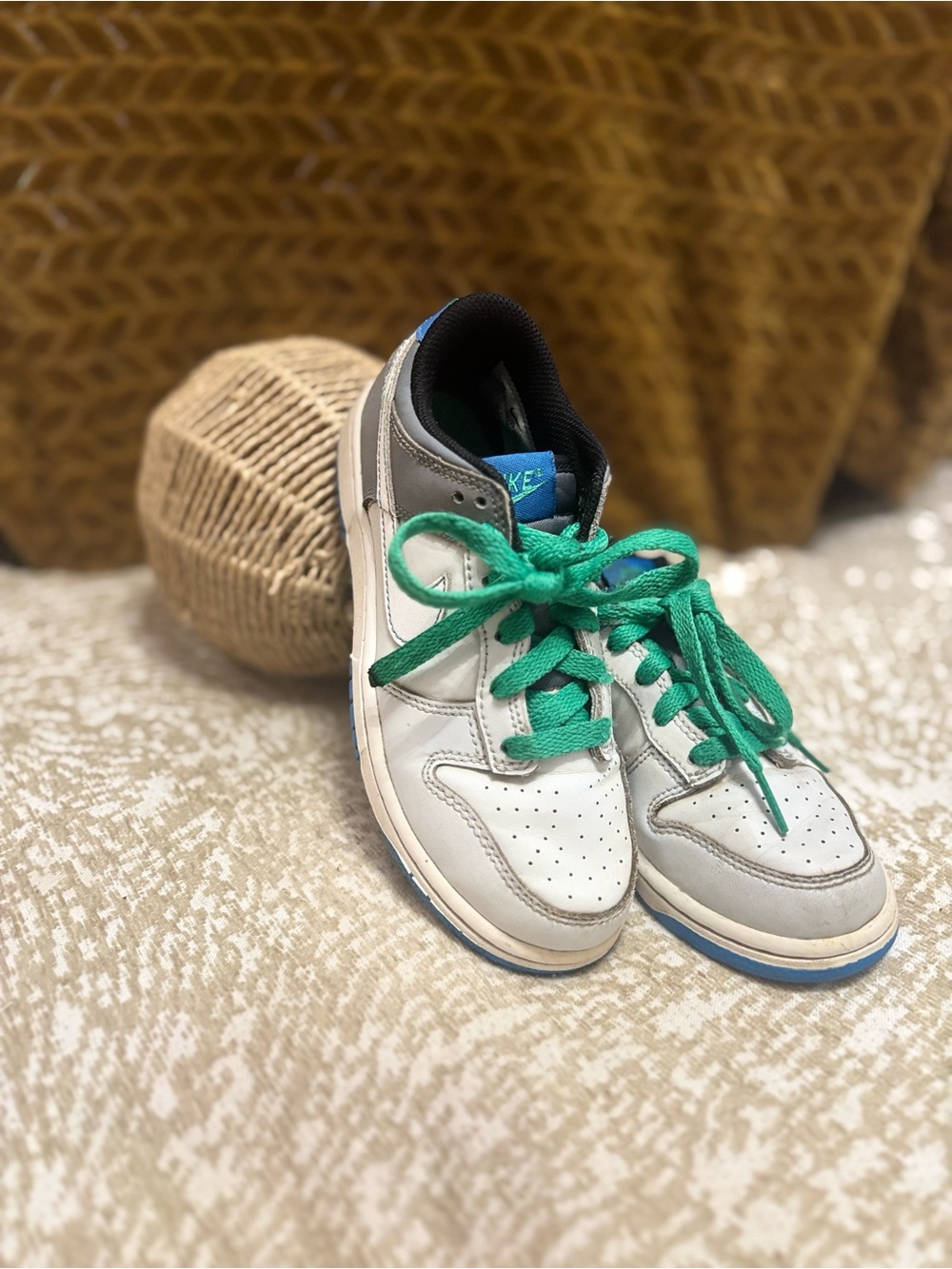 Nike Kids White Sneakers with Bright Green Laces
